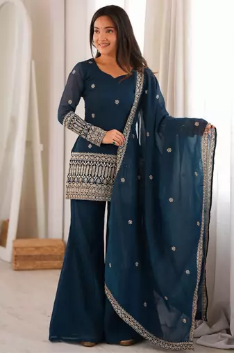Women's deep teal blue embroidered crunchy silk kurta bell bottom pant set with dupatta