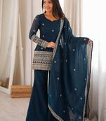 Women's deep teal blue embroidered crunchy silk kurta bell bottom pant set with dupatta