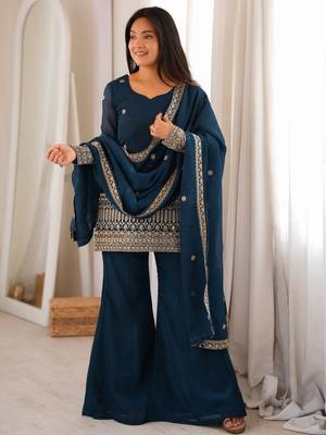 Women's deep teal blue embroidered crunchy silk kurta bell bottom pant set with dupatta 2