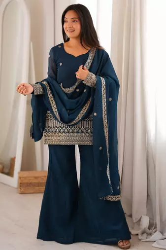 Women's deep teal blue embroidered crunchy silk kurta bell bottom pant set with dupatta