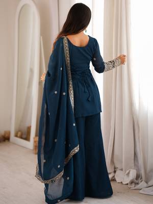 Women's deep teal blue embroidered crunchy silk kurta bell bottom pant set with dupatta 3