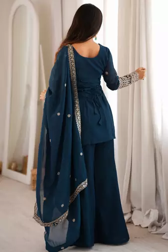 Women's deep teal blue embroidered crunchy silk kurta bell bottom pant set with dupatta