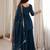 Women's deep teal blue embroidered crunchy silk kurta bell bottom pant set with dupatta