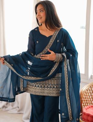 Women's deep teal blue embroidered crunchy silk kurta bell bottom pant set with dupatta 4
