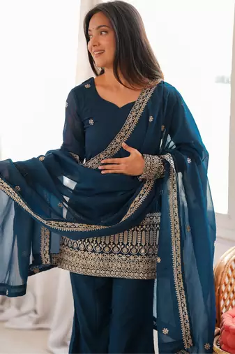Women's deep teal blue embroidered crunchy silk kurta bell bottom pant set with dupatta