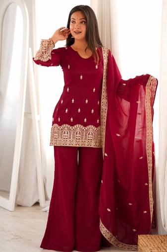 Women's maroon embroidered crunchy silk kurta bell bottom pant set with designer dupatta