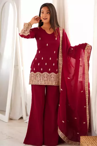 Women's maroon embroidered crunchy silk kurta bell bottom pant set with designer dupatta