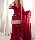 Women's maroon embroidered crunchy silk kurta bell bottom pant set with designer dupatta