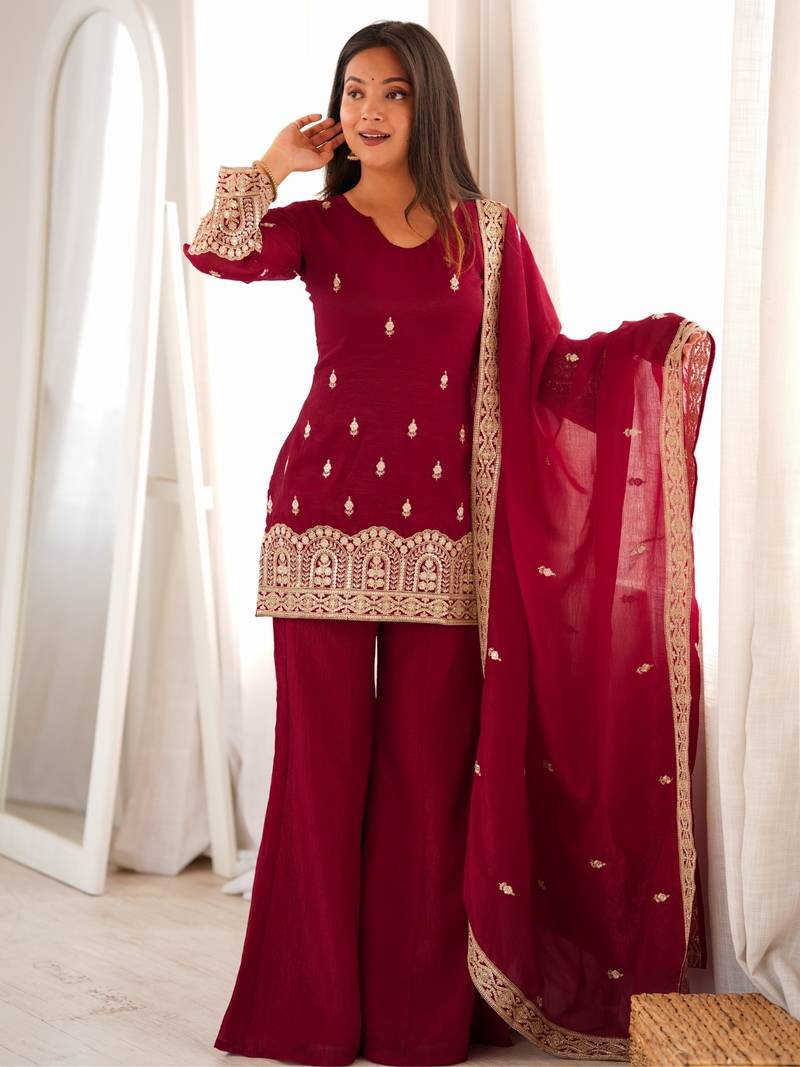 Women's maroon embroidered crunchy silk kurta bell bottom pant set with designer dupatta