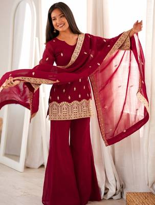 Women's maroon embroidered crunchy silk kurta bell bottom pant set with designer dupatta 2