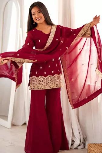Women's maroon embroidered crunchy silk kurta bell bottom pant set with designer dupatta
