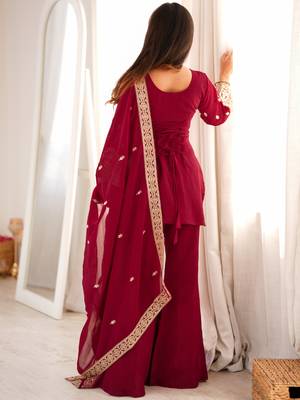 Women's maroon embroidered crunchy silk kurta bell bottom pant set with designer dupatta 3