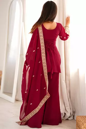 Women's maroon embroidered crunchy silk kurta bell bottom pant set with designer dupatta
