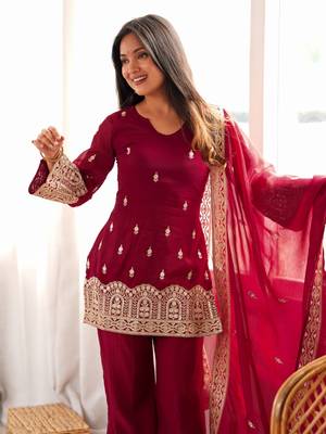 Women's maroon embroidered crunchy silk kurta bell bottom pant set with designer dupatta 4