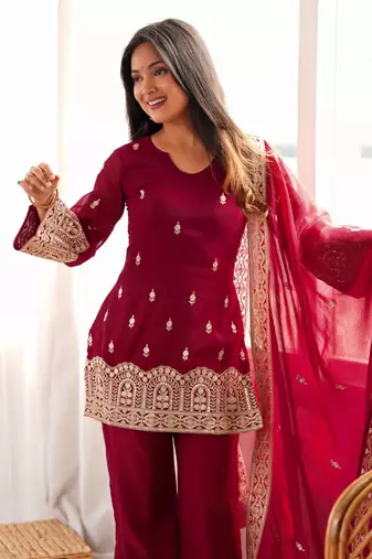 Women's maroon embroidered crunchy silk kurta bell bottom pant set with designer dupatta