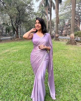 Lavender Color beutiful  handwork lace Silk Blend Saree 1