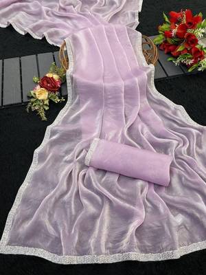 Lavender Color beutiful  handwork lace Silk Blend Saree 4