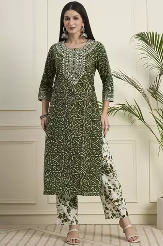 Bandhani Printed Regular Mirror Work  Cotton Kurta with Trouser