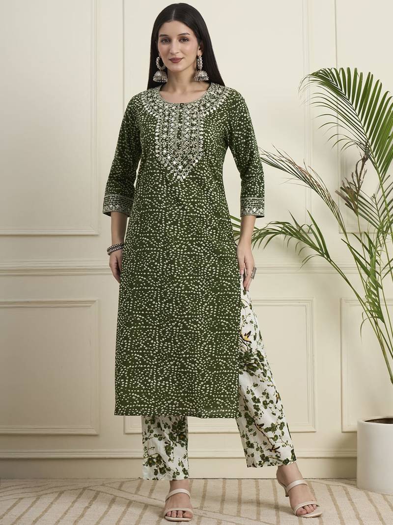 Bandhani Printed Regular Mirror Work  Cotton Kurta with Trouser