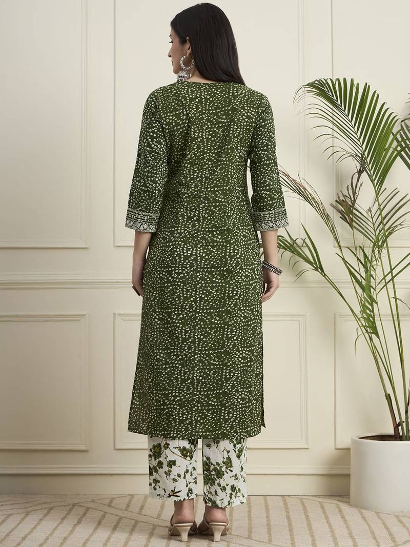 Bandhani Printed Regular Mirror Work  Cotton Kurta with Trouser