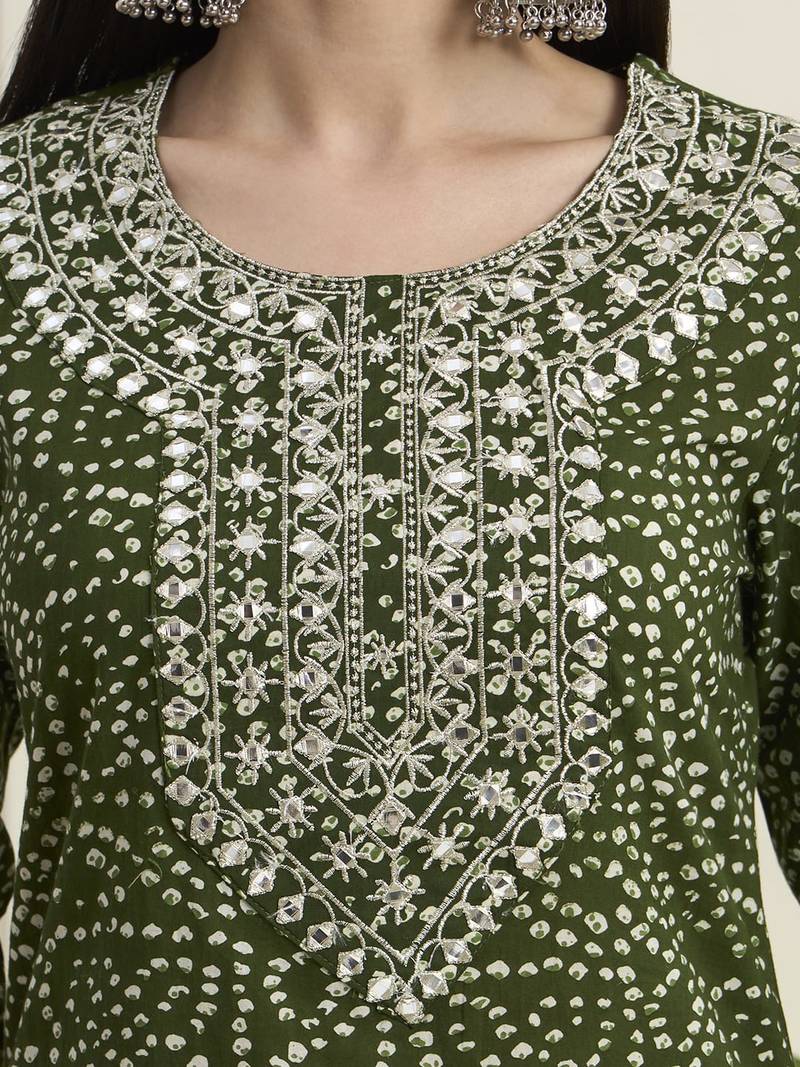 Bandhani Printed Regular Mirror Work  Cotton Kurta with Trouser