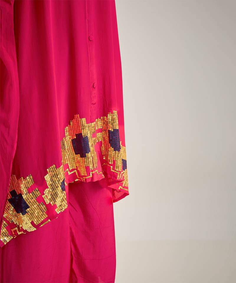 Rani pink embroidered crepe kaftan set