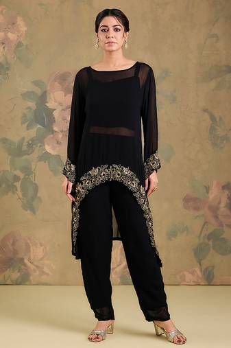 Black embroidered georgette co ord set