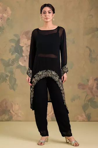 Black embroidered georgette co ord set