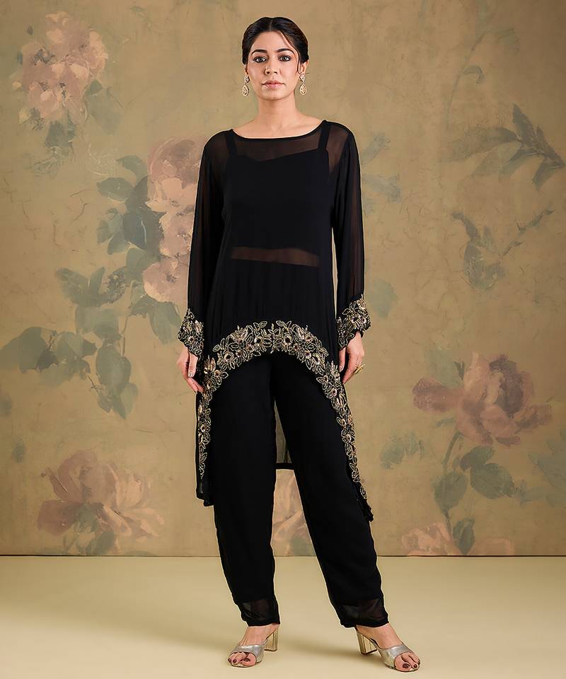 Black embroidered georgette co ord set