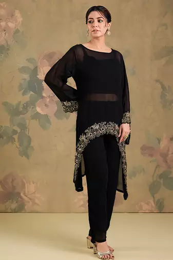 Black embroidered georgette co ord set
