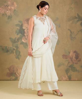 Ivory embroidered chinon cotton anarkali set 1