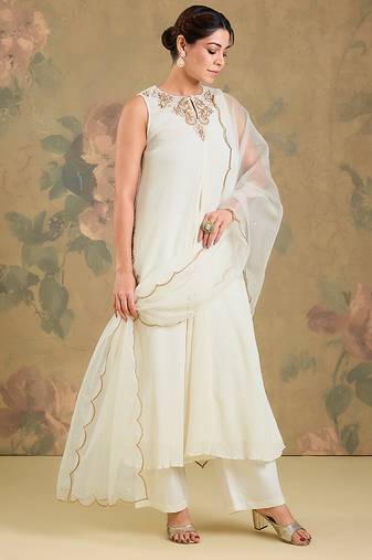 Ivory embroidered chinon cotton anarkali set