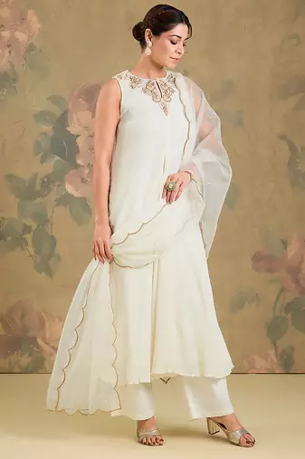 Ivory embroidered chinon cotton anarkali set