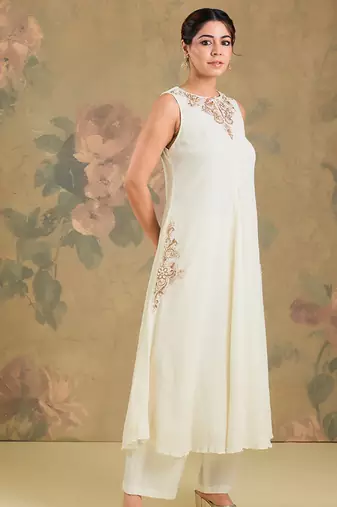 Ivory embroidered chinon cotton anarkali set