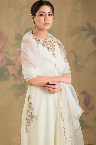 Ivory embroidered chinon cotton anarkali set
