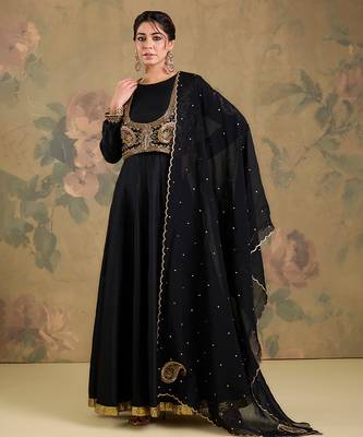 Black embroidered silk anarkali set 1
