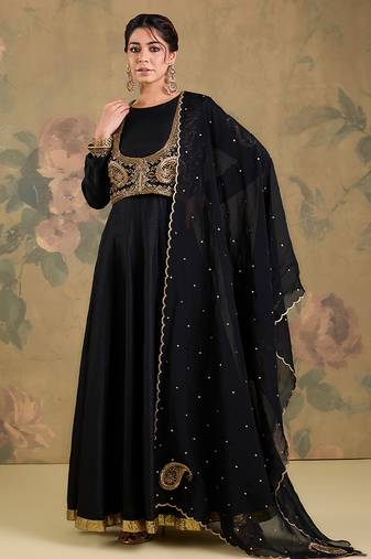 Black embroidered silk anarkali set