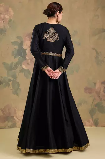 Black embroidered silk anarkali set