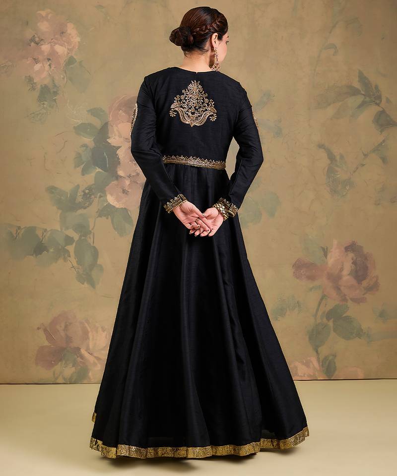 Black embroidered silk anarkali set