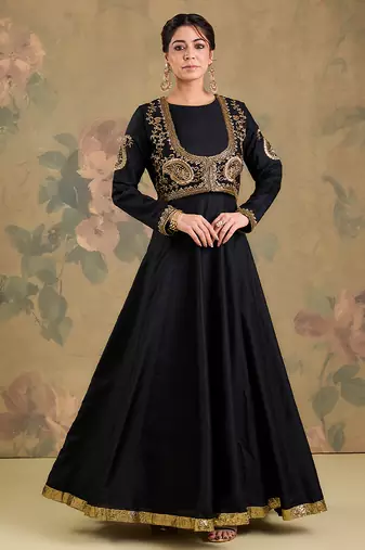 Black embroidered silk anarkali set
