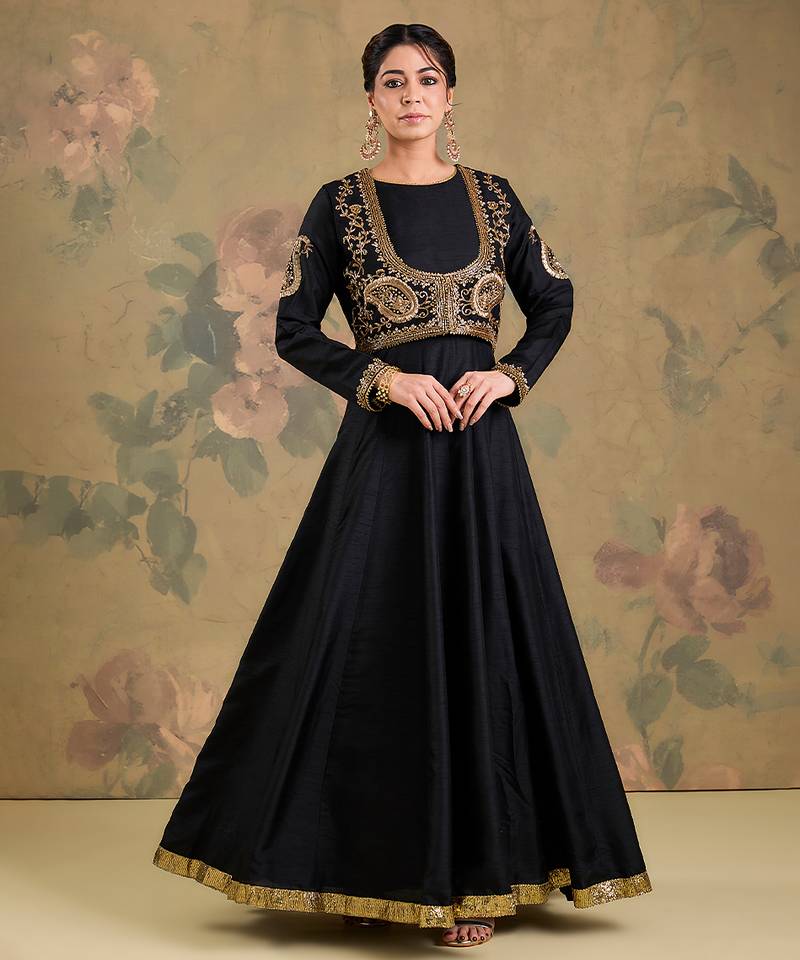 Black embroidered silk anarkali set