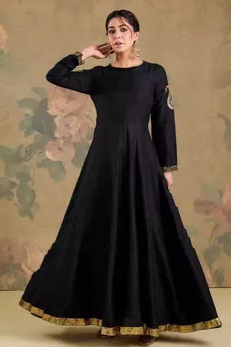 Black embroidered silk anarkali set