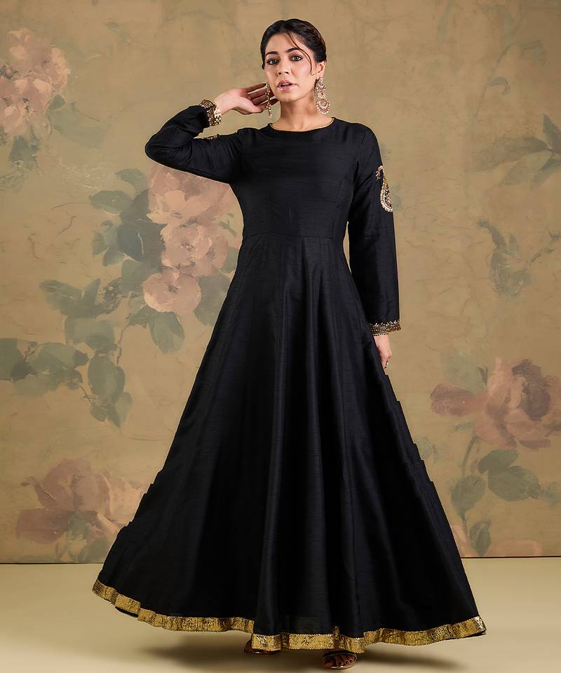 Black embroidered silk anarkali set