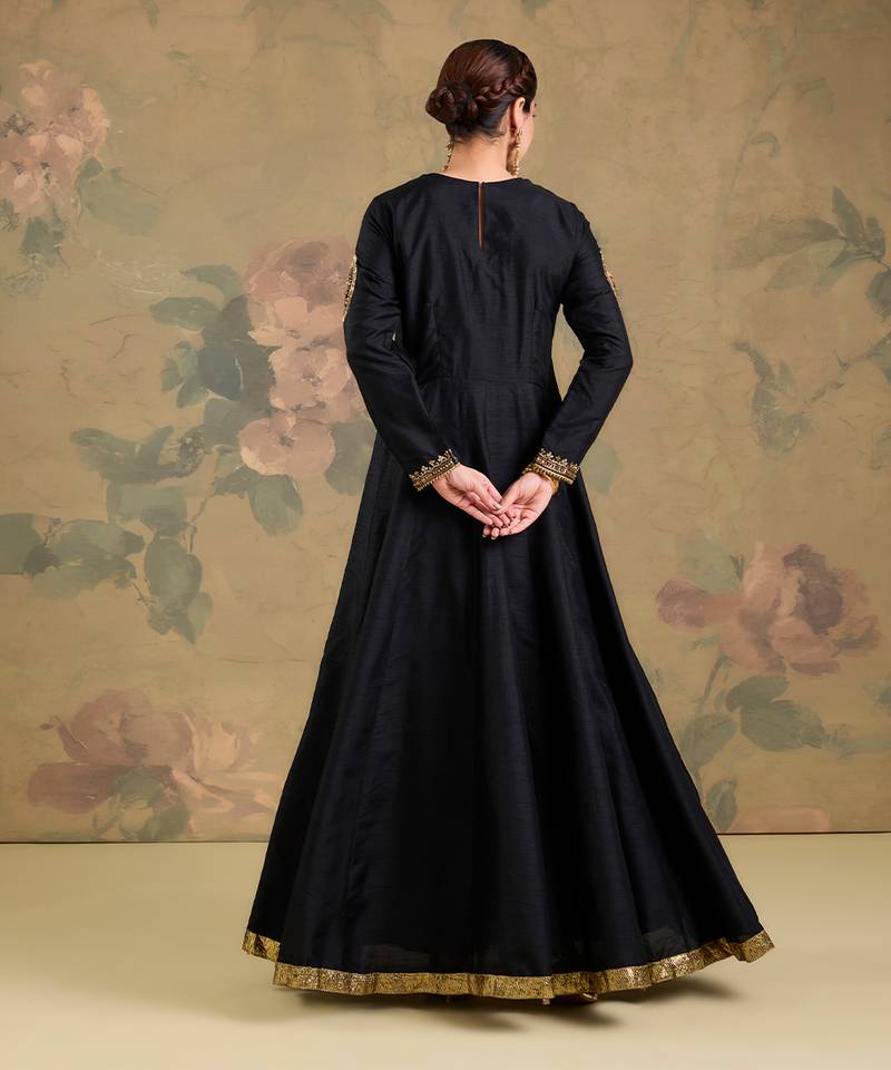 Black embroidered silk anarkali set