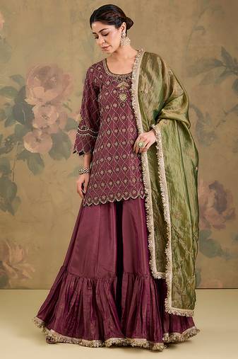 Mauve pink embroidered tissue sharara set