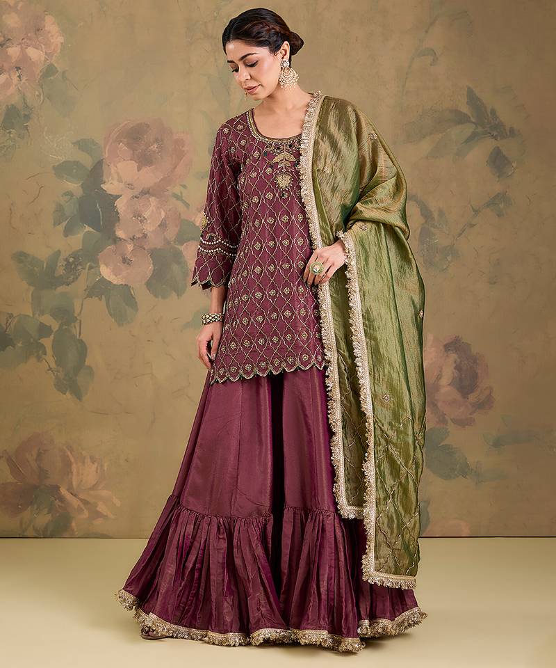 Mauve pink embroidered tissue sharara set