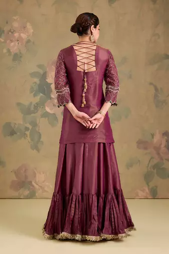 Mauve pink embroidered tissue sharara set
