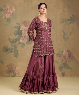 Mauve pink embroidered tissue sharara set 3