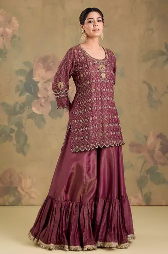 Mauve pink embroidered tissue sharara set