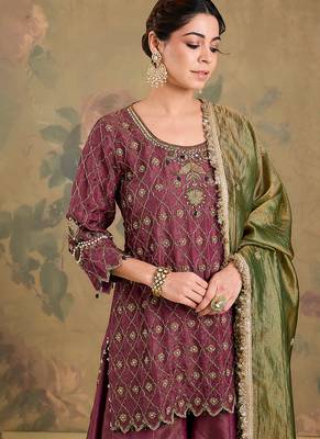 Mauve pink embroidered tissue sharara set 5